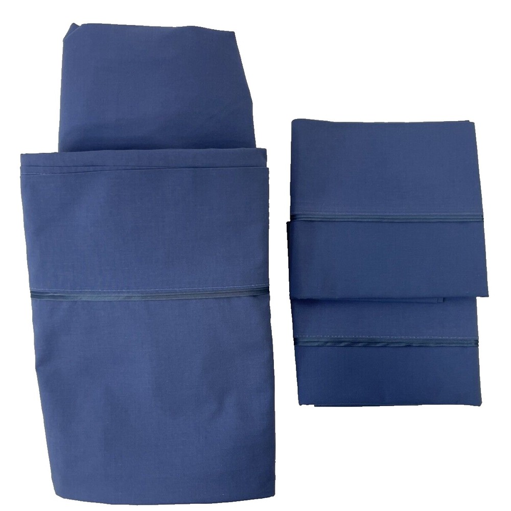 Vintage Solid Blue Twin Sheet‎ Set Satin Trim Fitted, Flat, 2 Pillowcases